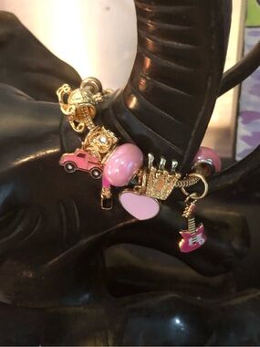 Gold-Tone Charm Bracelet with Pink Guitar and Car Enamel Accents